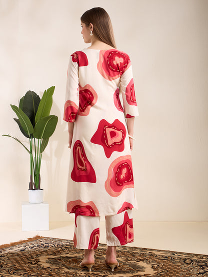 Abstract Floral Printed Embroidered A-Line Co-ord Set - White