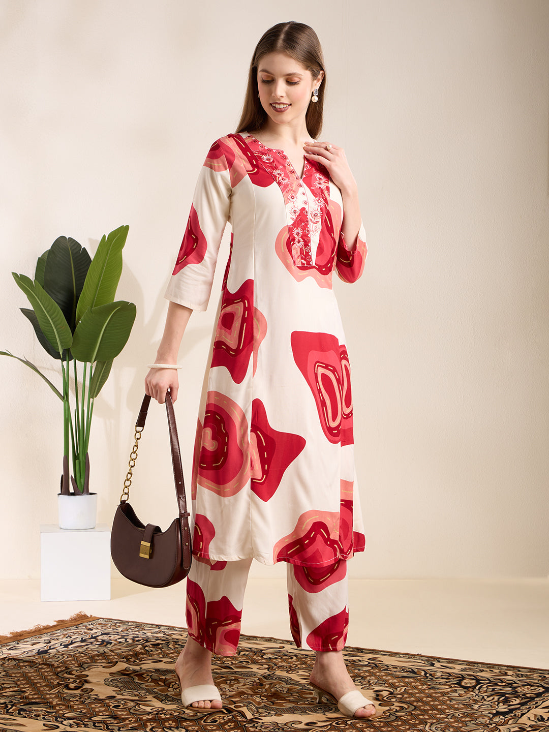 Abstract Floral Printed Embroidered A-Line Co-ord Set - White