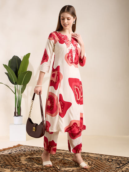 Abstract Floral Printed Embroidered A-Line Co-ord Set - White