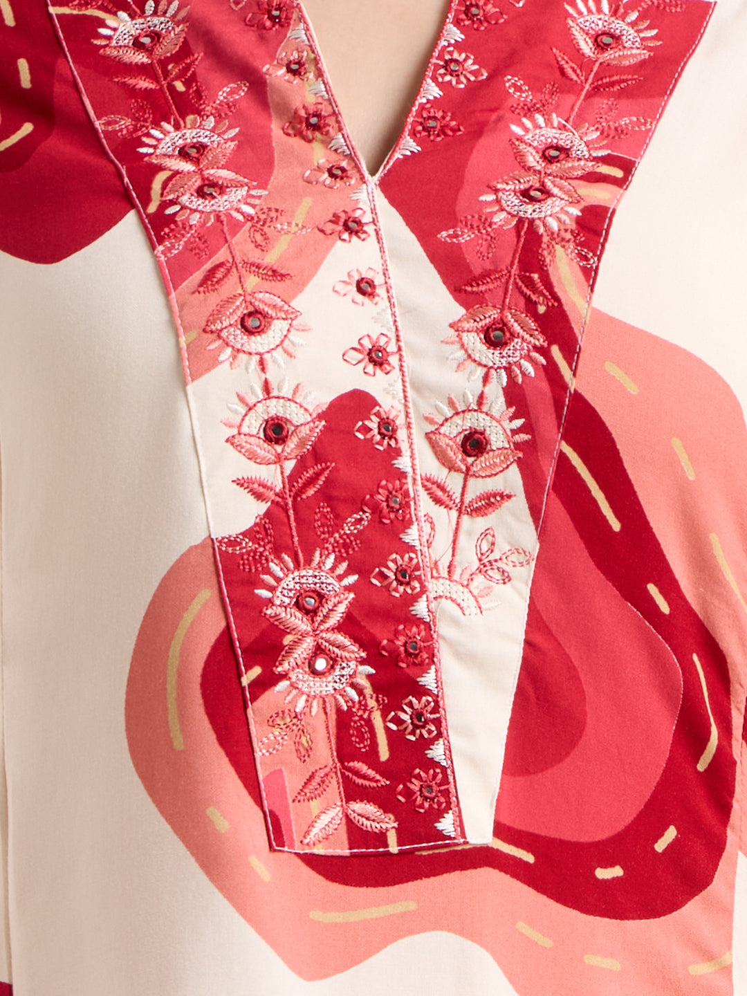 Abstract Floral Printed Embroidered A-Line Co-ord Set - White
