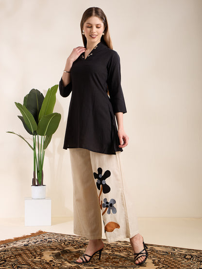 Solid Straight Fit Top with Floral Patchwork Palazzo - Black