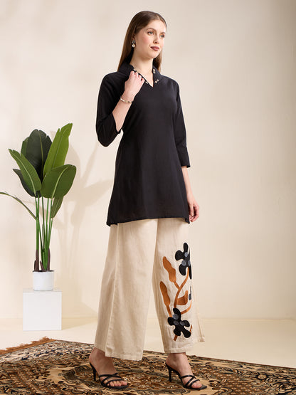 Solid Straight Fit Top with Floral Patchwork Palazzo - Black