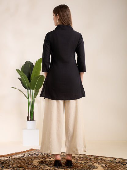 Solid Straight Fit Top with Floral Patchwork Palazzo - Black