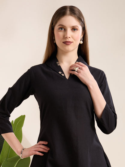 Solid Straight Fit Top with Floral Patchwork Palazzo - Black