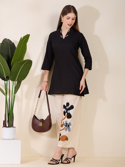 Solid Straight Fit Top with Floral Patchwork Palazzo - Black
