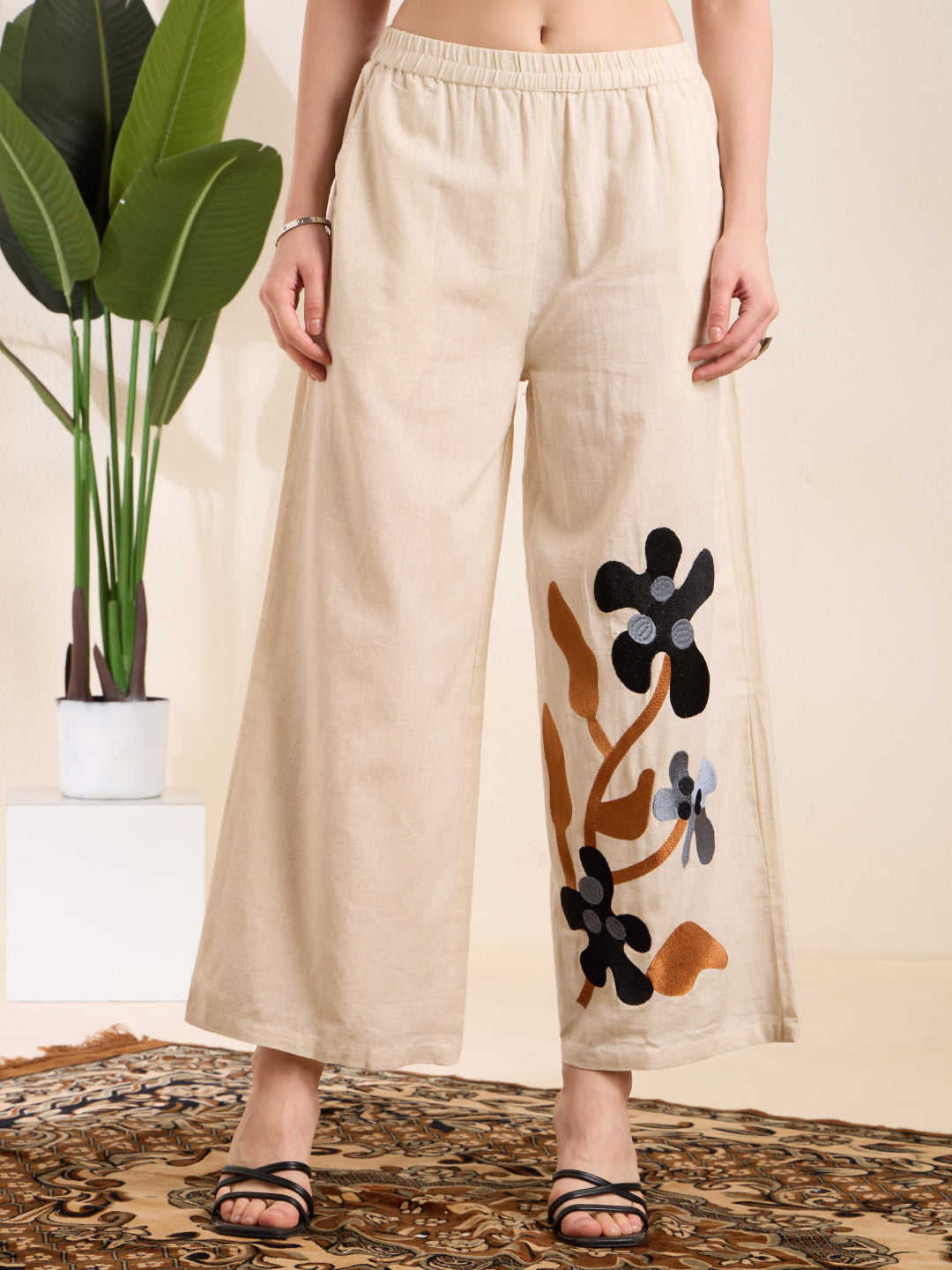 Solid Straight Fit Top with Floral Patchwork Palazzo - Black