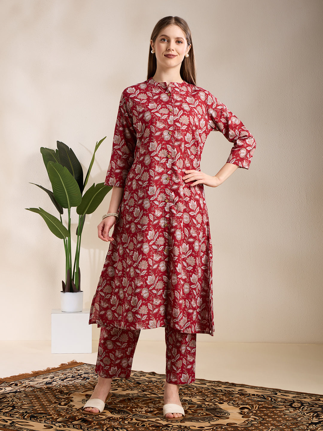 Ethnic Floral Printed A-Line Co-ord Set - Maroon