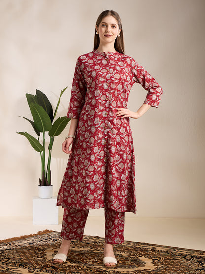 Ethnic Floral Printed A-Line Co-ord Set - Maroon