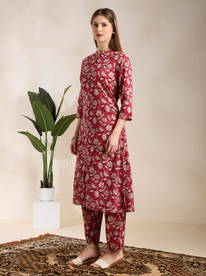 Ethnic Floral Printed A-Line Co-ord Set - Maroon