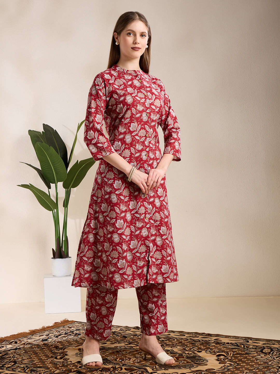 Ethnic Floral Printed A-Line Co-ord Set - Maroon