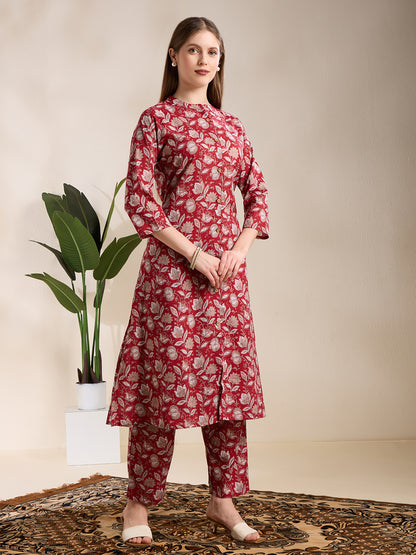 Ethnic Floral Printed A-Line Co-ord Set - Maroon