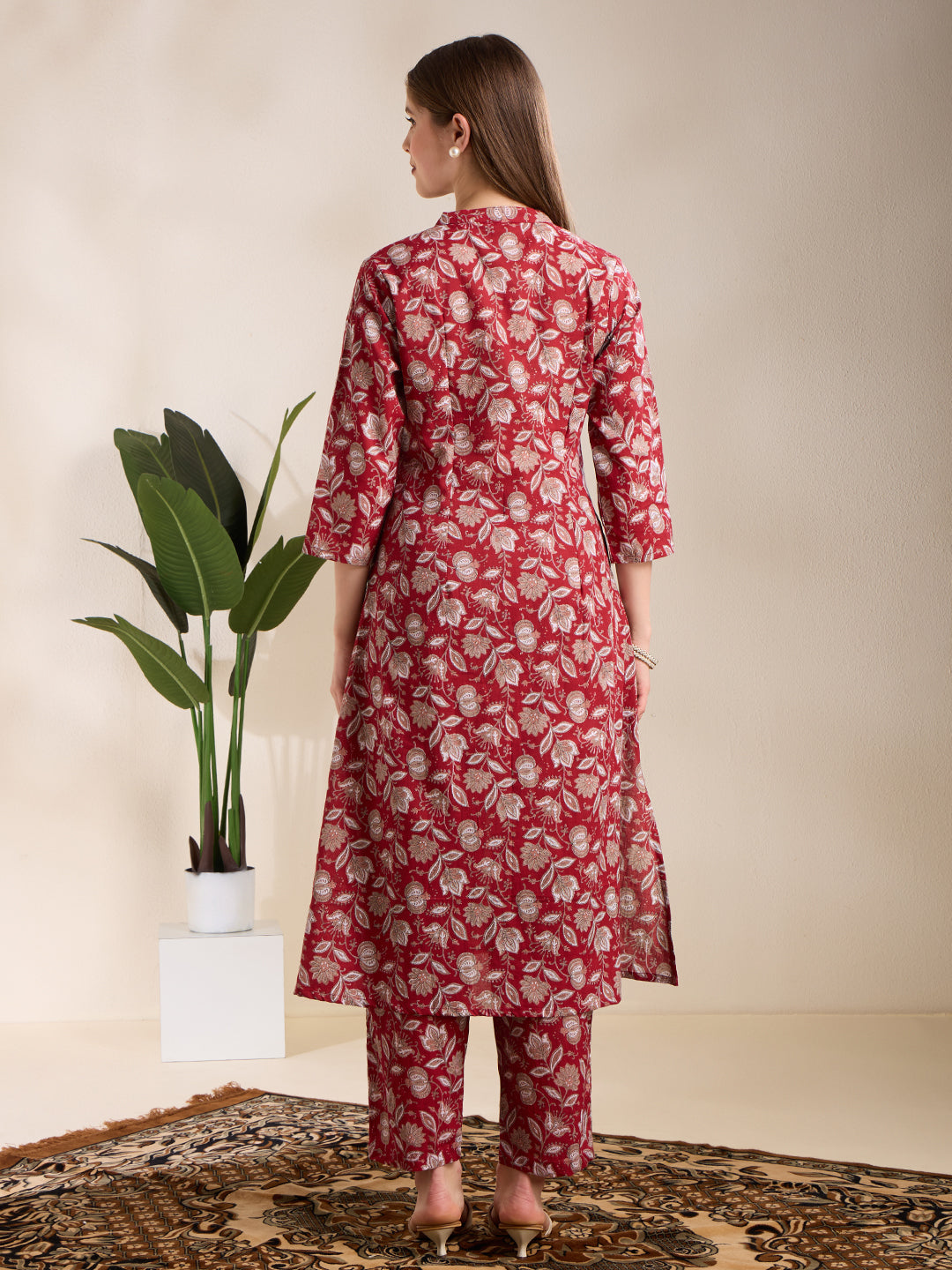 Ethnic Floral Printed A-Line Co-ord Set - Maroon