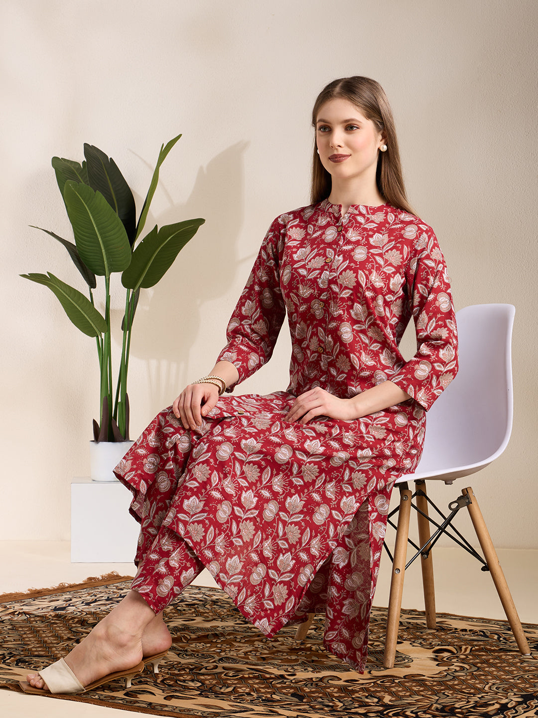 Ethnic Floral Printed A-Line Co-ord Set - Maroon