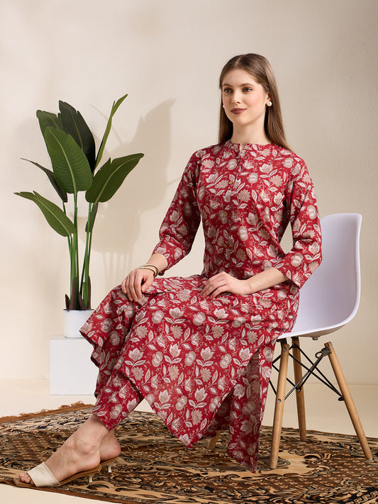 Ethnic Floral Printed A-Line Co-ord Set - Maroon