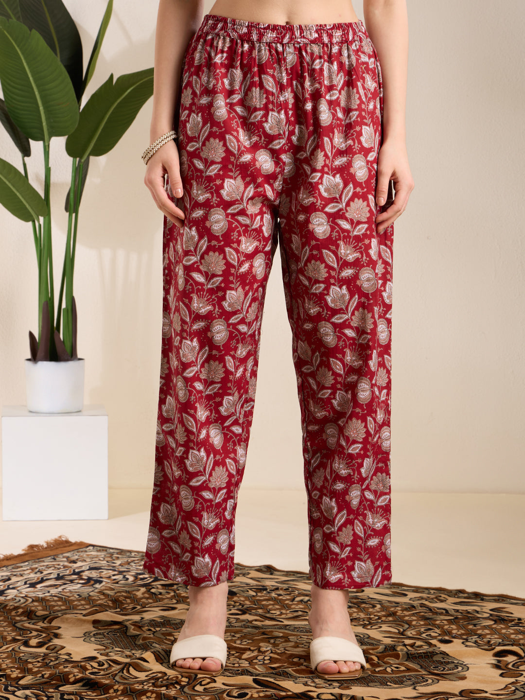 Ethnic Floral Printed A-Line Co-ord Set - Maroon