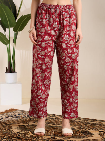 Ethnic Floral Printed A-Line Co-ord Set - Maroon