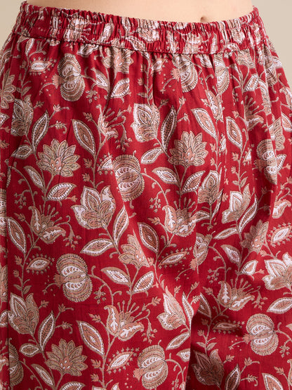 Ethnic Floral Printed A-Line Co-ord Set - Maroon