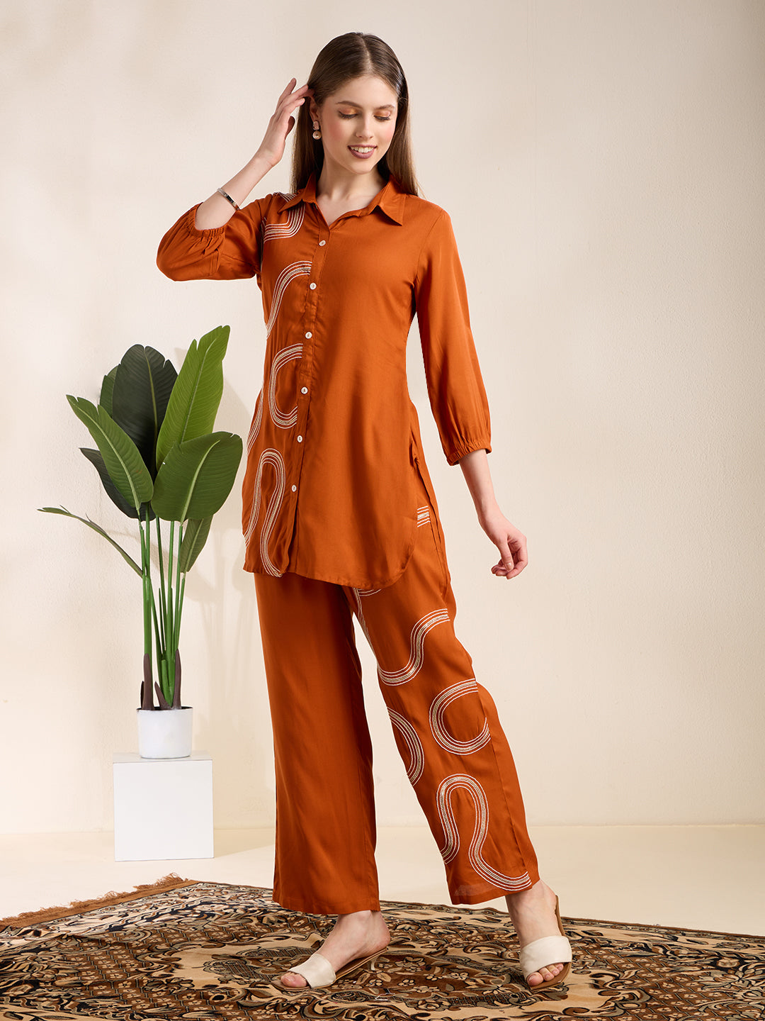 Solid Abstract Embroidered Straight Fit Co-ord Set - Rust