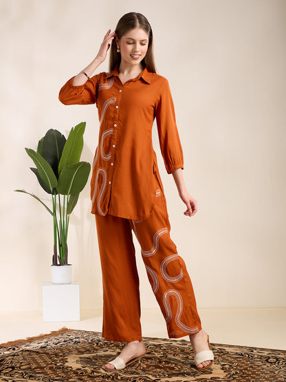 Solid Abstract Embroidered Straight Fit Co-ord Set - Rust