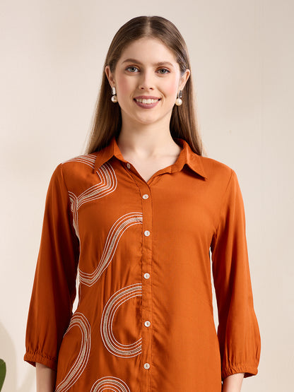 Solid Abstract Embroidered Straight Fit Co-ord Set - Rust