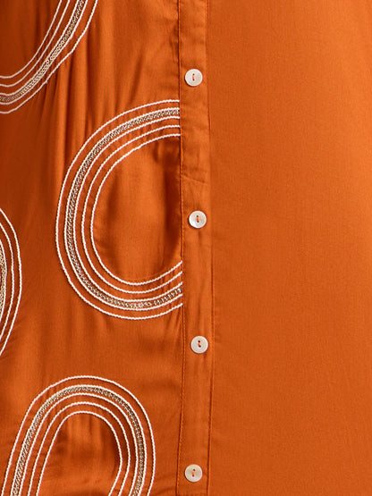 Solid Abstract Embroidered Straight Fit Co-ord Set - Rust