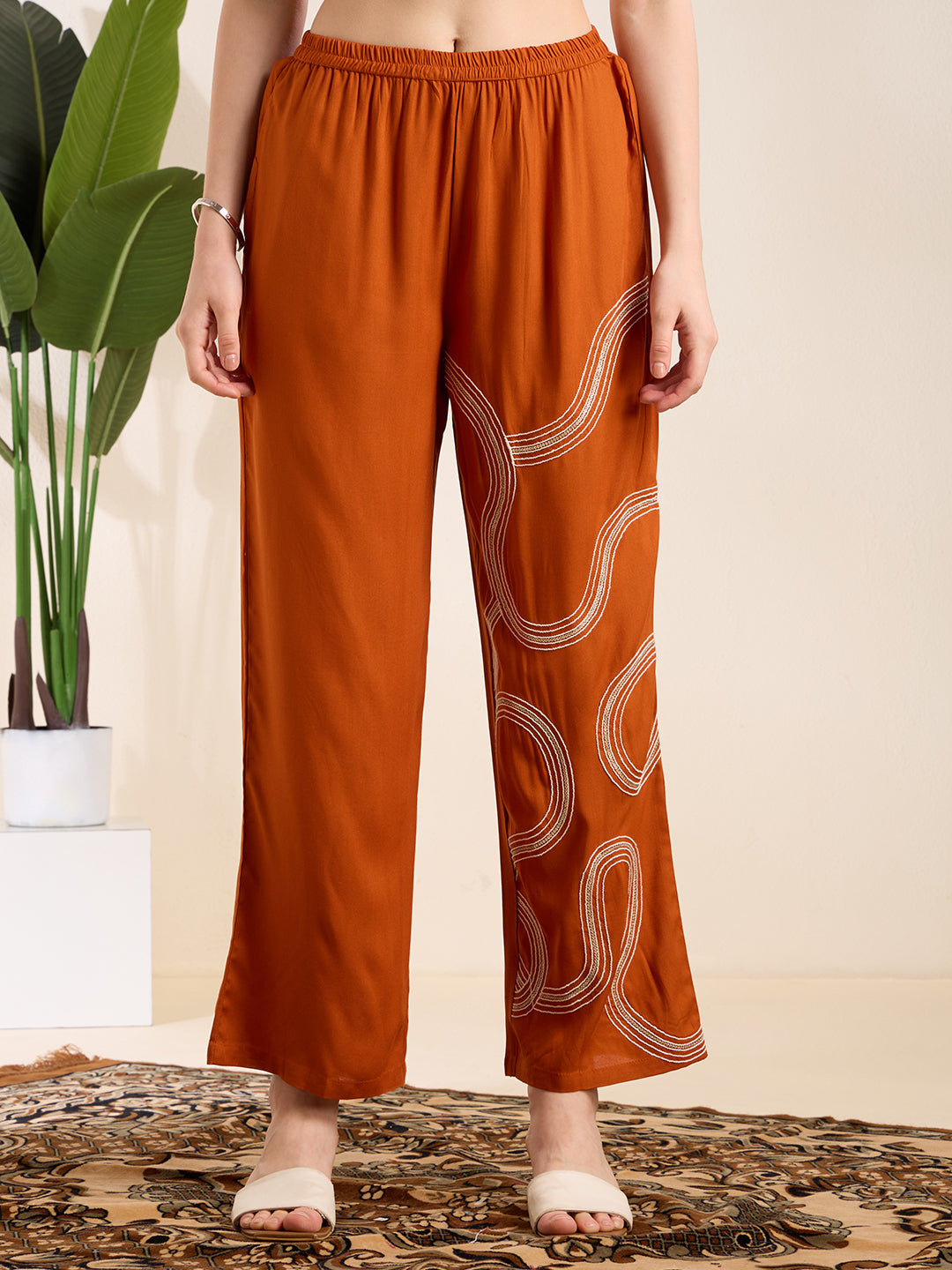 Solid Abstract Embroidered Straight Fit Co-ord Set - Rust