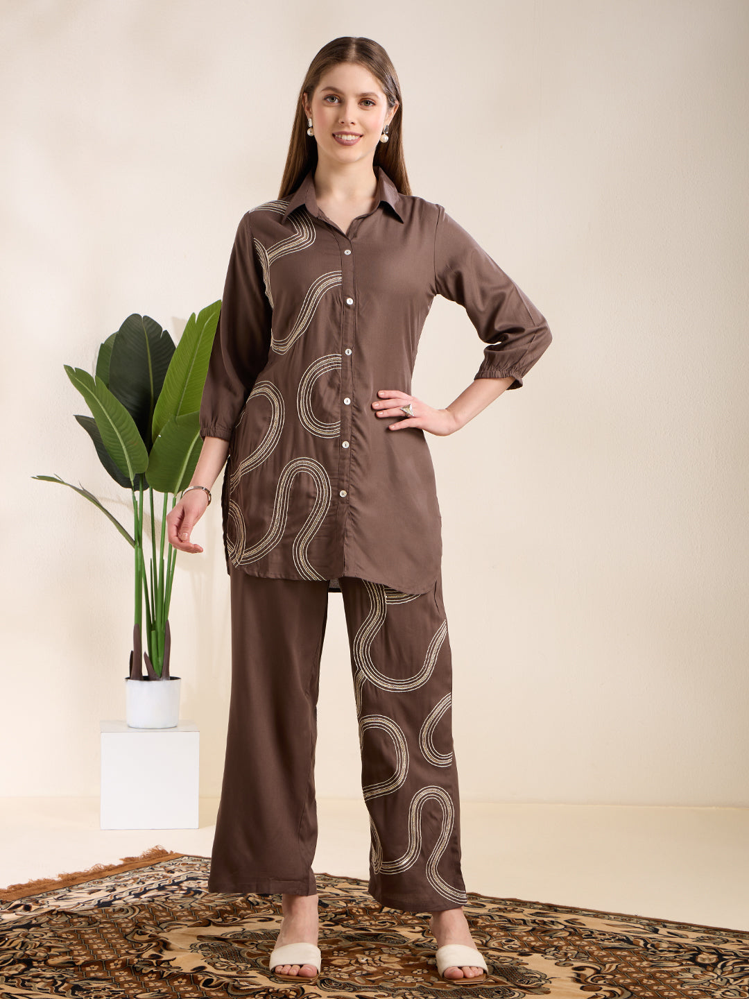 Solid Abstract Embroidered Straight Fit Co-ord Set - Charcoal