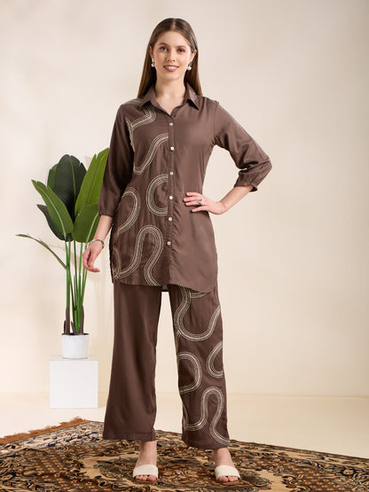 Solid Abstract Embroidered Straight Fit Co-ord Set - Charcoal