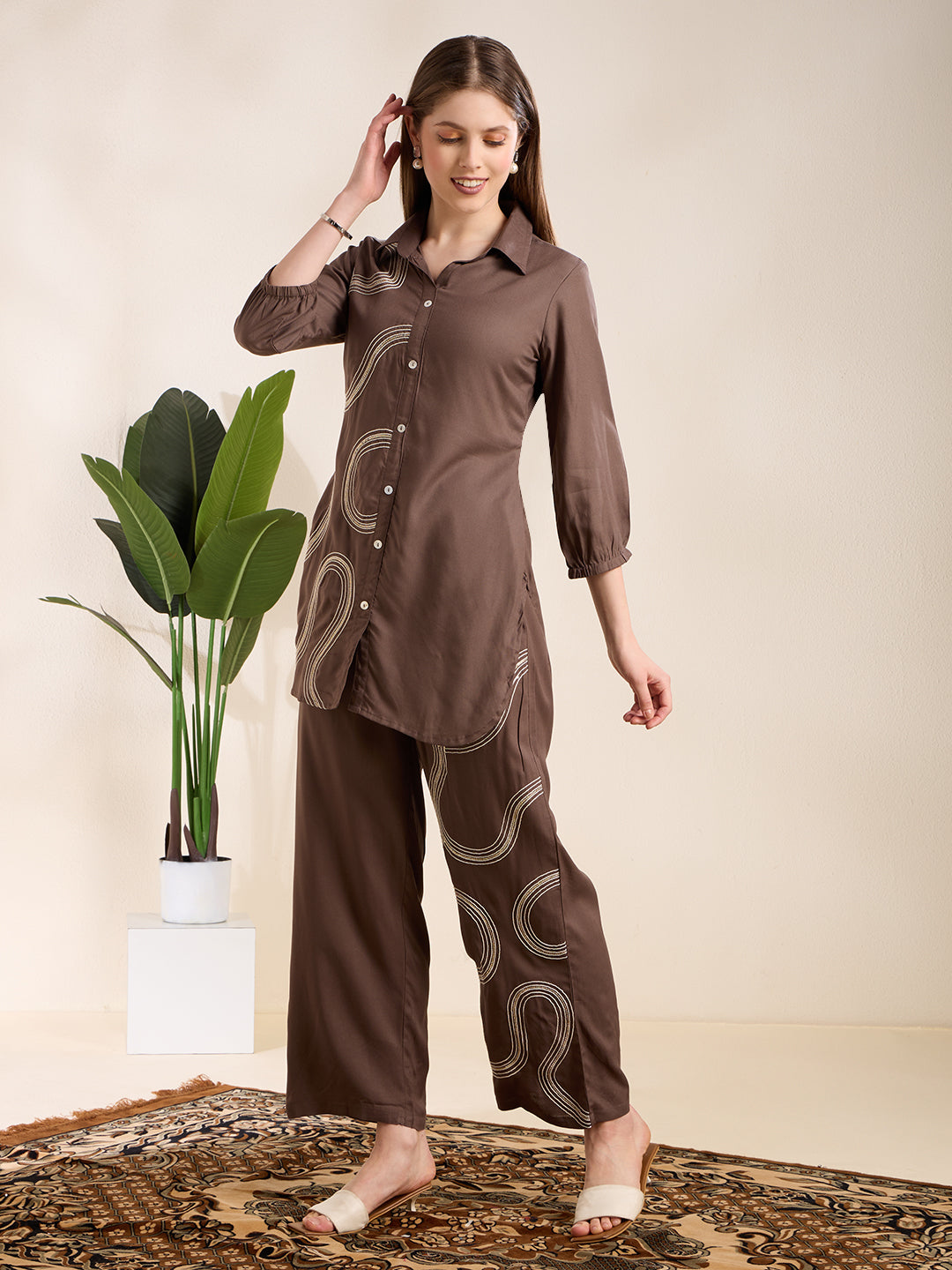 Solid Abstract Embroidered Straight Fit Co-ord Set - Charcoal