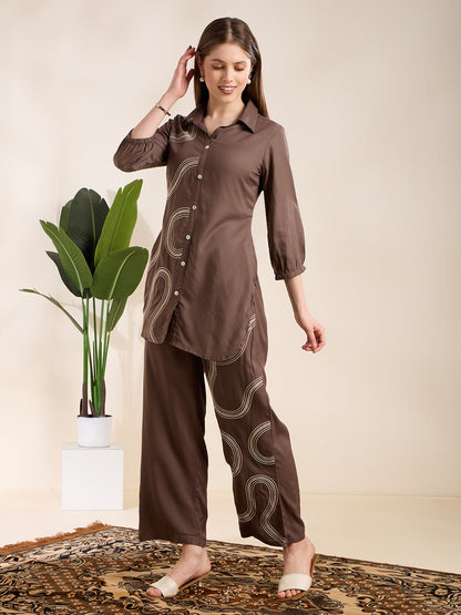 Solid Abstract Embroidered Straight Fit Co-ord Set - Charcoal