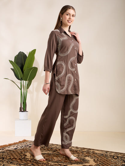 Solid Abstract Embroidered Straight Fit Co-ord Set - Charcoal