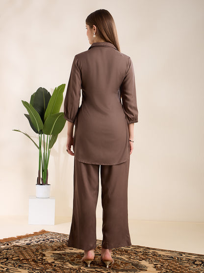 Solid Abstract Embroidered Straight Fit Co-ord Set - Charcoal