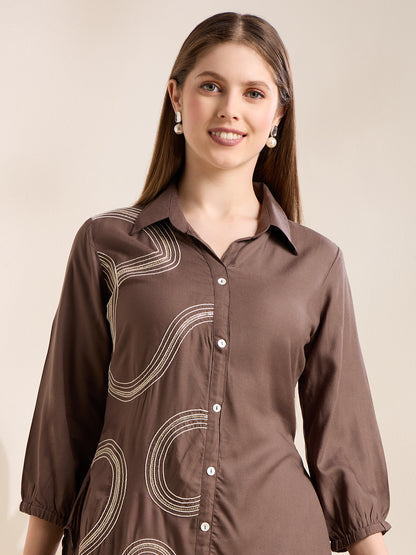 Solid Abstract Embroidered Straight Fit Co-ord Set - Charcoal