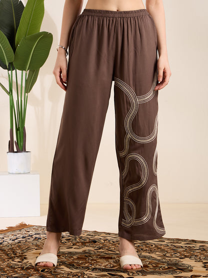 Solid Abstract Embroidered Straight Fit Co-ord Set - Charcoal