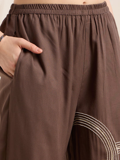 Solid Abstract Embroidered Straight Fit Co-ord Set - Charcoal