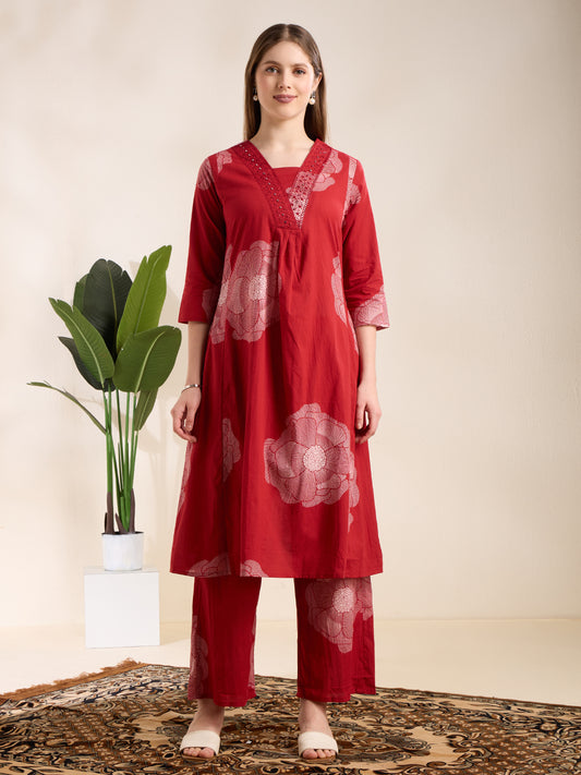 Abstarct Printed & Embroidered A-Line Kurta with Palazzo - Red