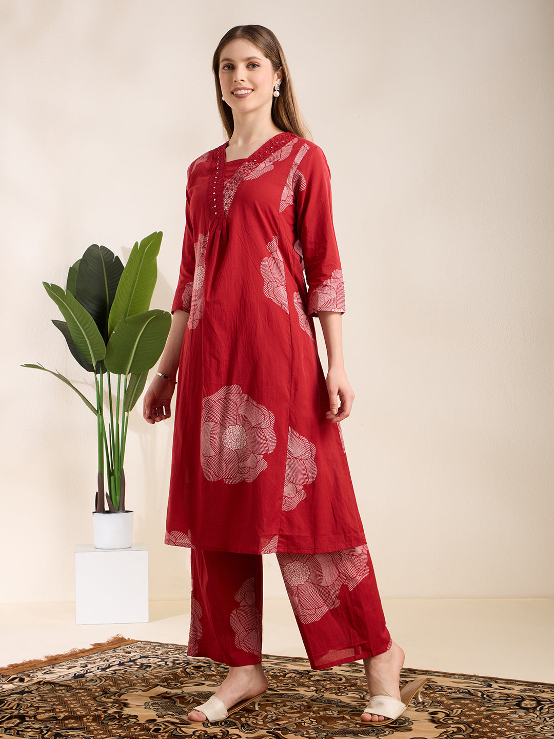 Abstarct Printed & Embroidered A-Line Kurta with Palazzo - Red