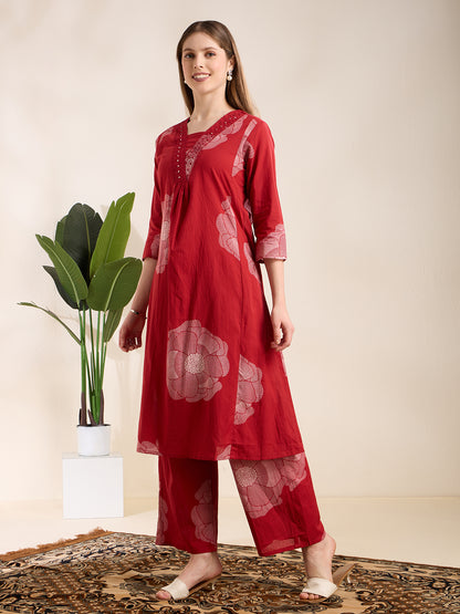 Abstarct Printed & Embroidered A-Line Kurta with Palazzo - Red