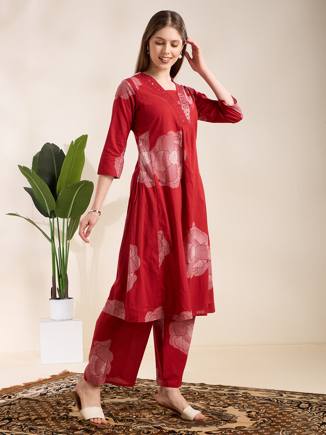 Abstarct Printed & Embroidered A-Line Kurta with Palazzo - Red