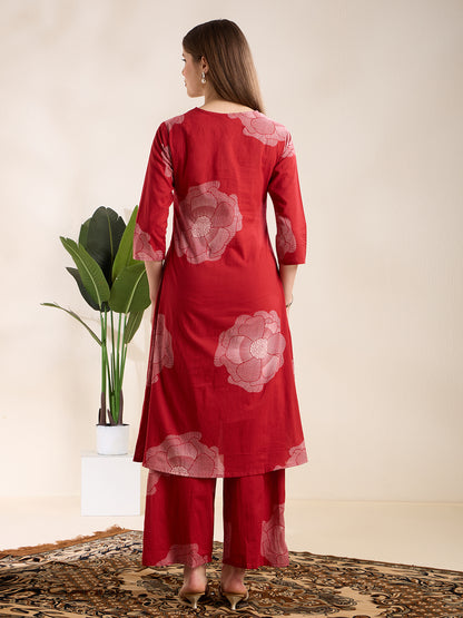 Abstarct Printed & Embroidered A-Line Kurta with Palazzo - Red
