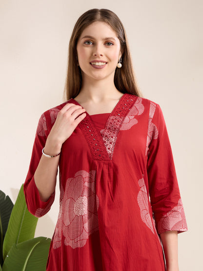 Abstarct Printed & Embroidered A-Line Kurta with Palazzo - Red