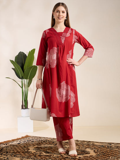 Abstarct Printed & Embroidered A-Line Kurta with Palazzo - Red