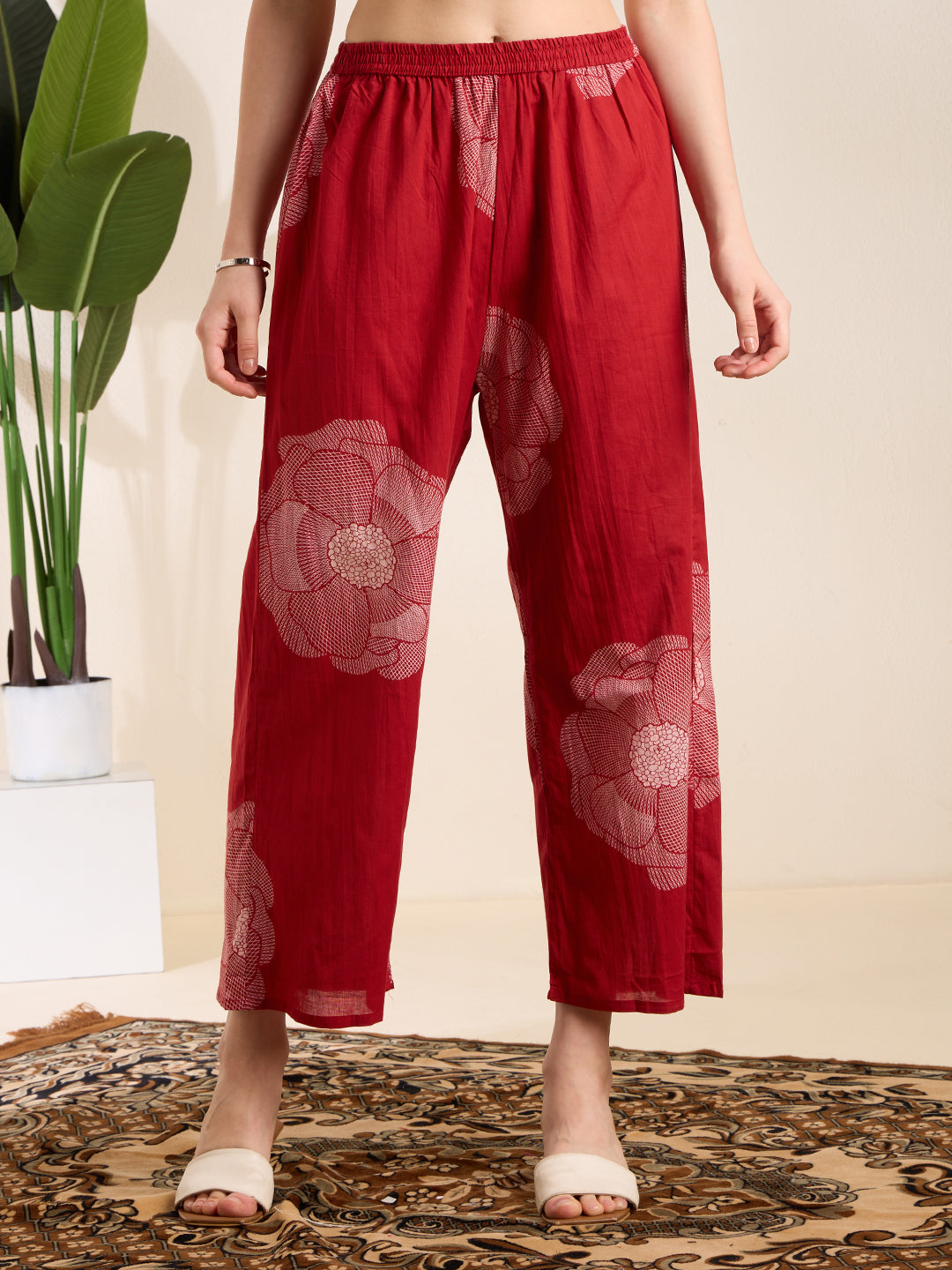 Abstarct Printed & Embroidered A-Line Kurta with Palazzo - Red