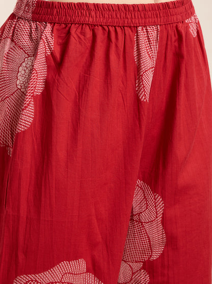 Abstarct Printed & Embroidered A-Line Kurta with Palazzo - Red