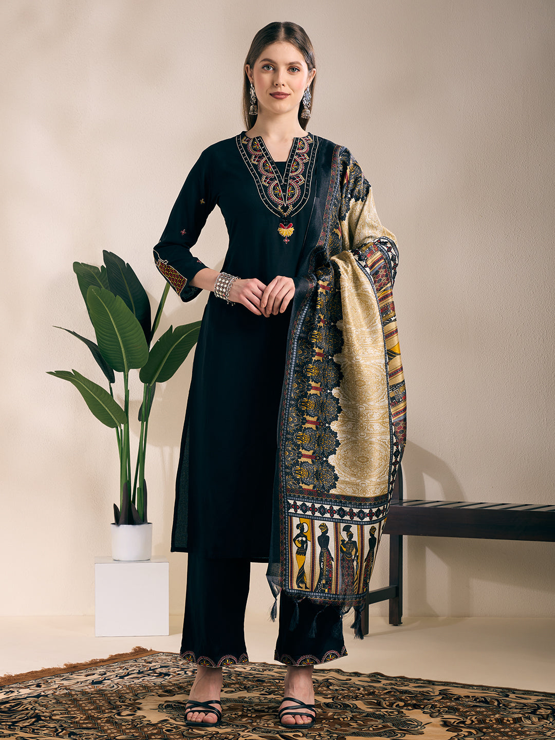 Solid Mirror Embroidered Straight Kurta with Palazzo and Dupatta - Black