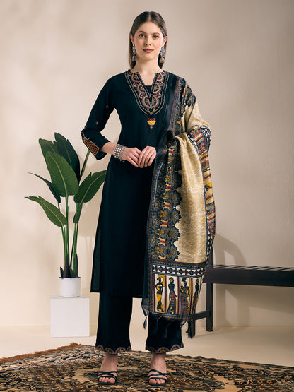 Solid Mirror Embroidered Straight Kurta with Palazzo and Dupatta - Black