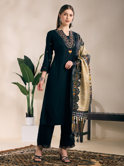 Solid Mirror Embroidered Straight Kurta with Palazzo and Dupatta - Black