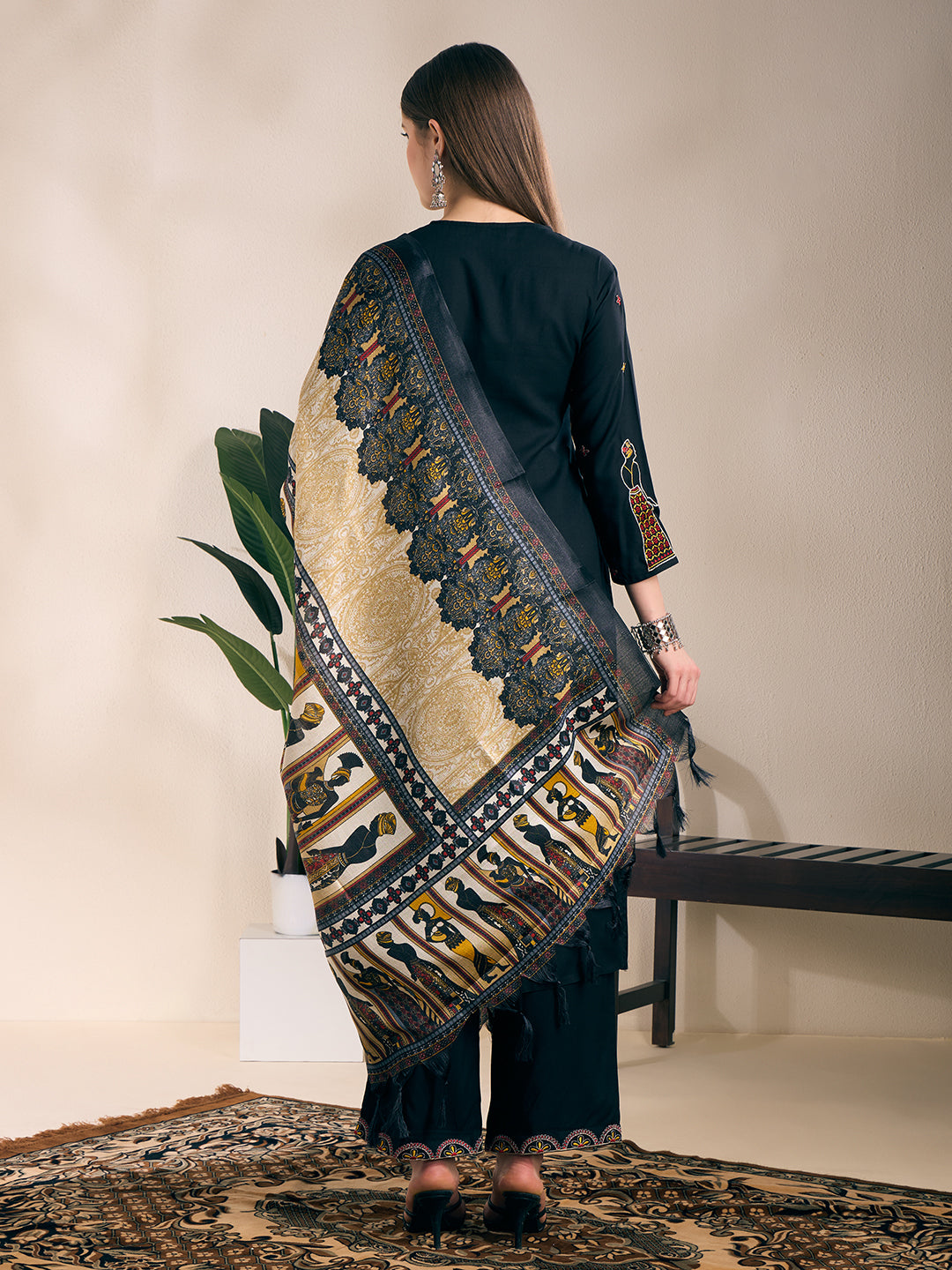 Solid Mirror Embroidered Straight Kurta with Palazzo and Dupatta - Black
