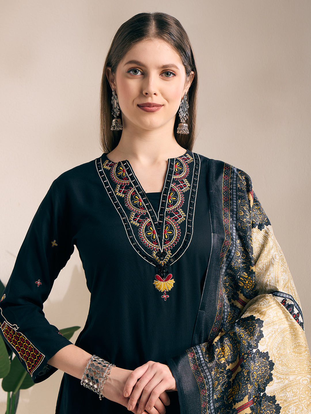 Solid Mirror Embroidered Straight Kurta with Palazzo and Dupatta - Black
