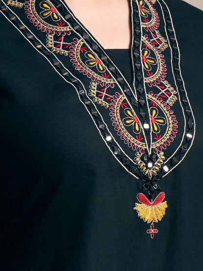 Solid Mirror Embroidered Straight Kurta with Palazzo and Dupatta - Black